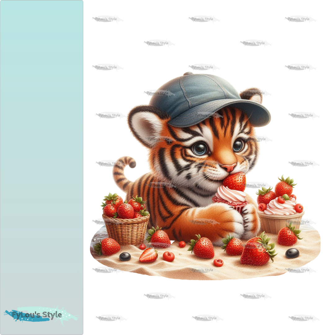 Bügelbild kleiner Tiger nascht Erdbeeren #2 Fylou's Style