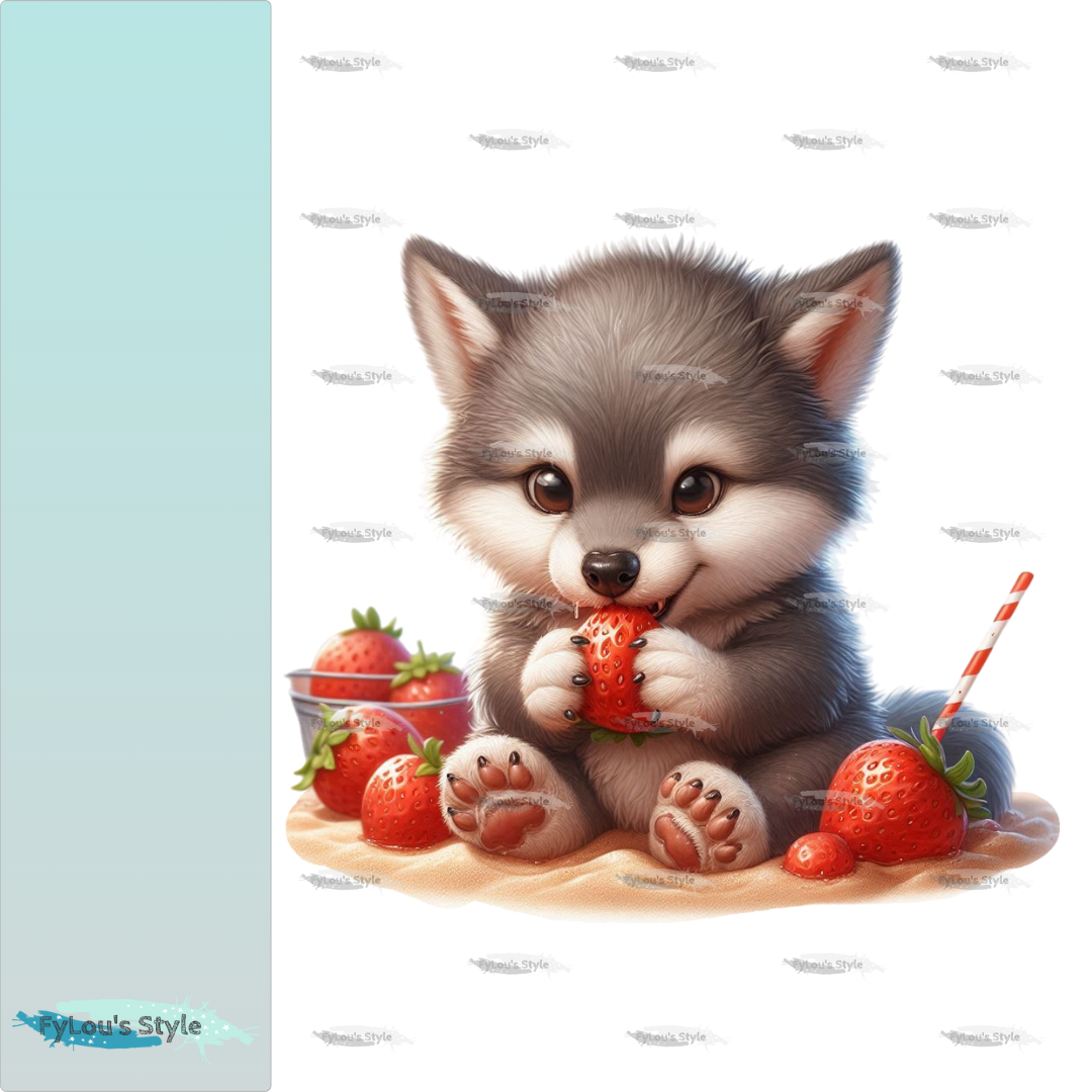 Bügelbild kleiner Wolf isst Erdbeeren #1 Fylou's Style