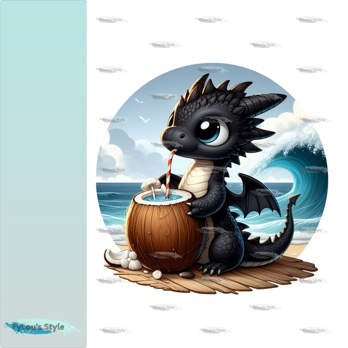 Bügelbild kleiner schwarzer Drache Trinkt aus Kokosnuss #1