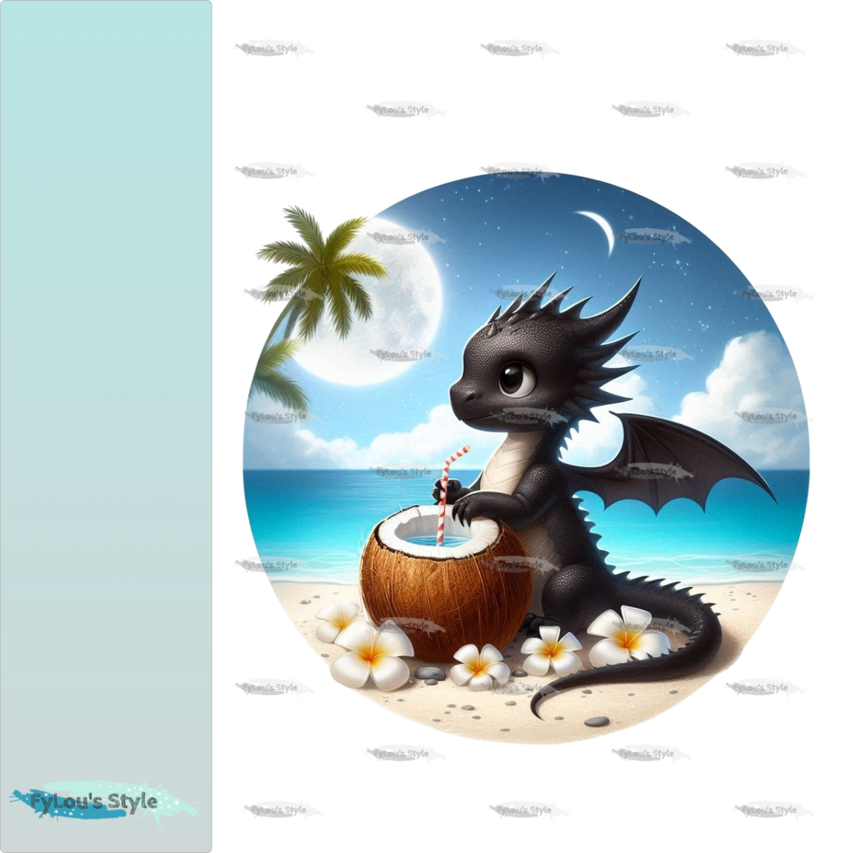Bügelbild kleiner schwarzer Drache Trinkt aus Kokosnuss #2 Fylou's Style
