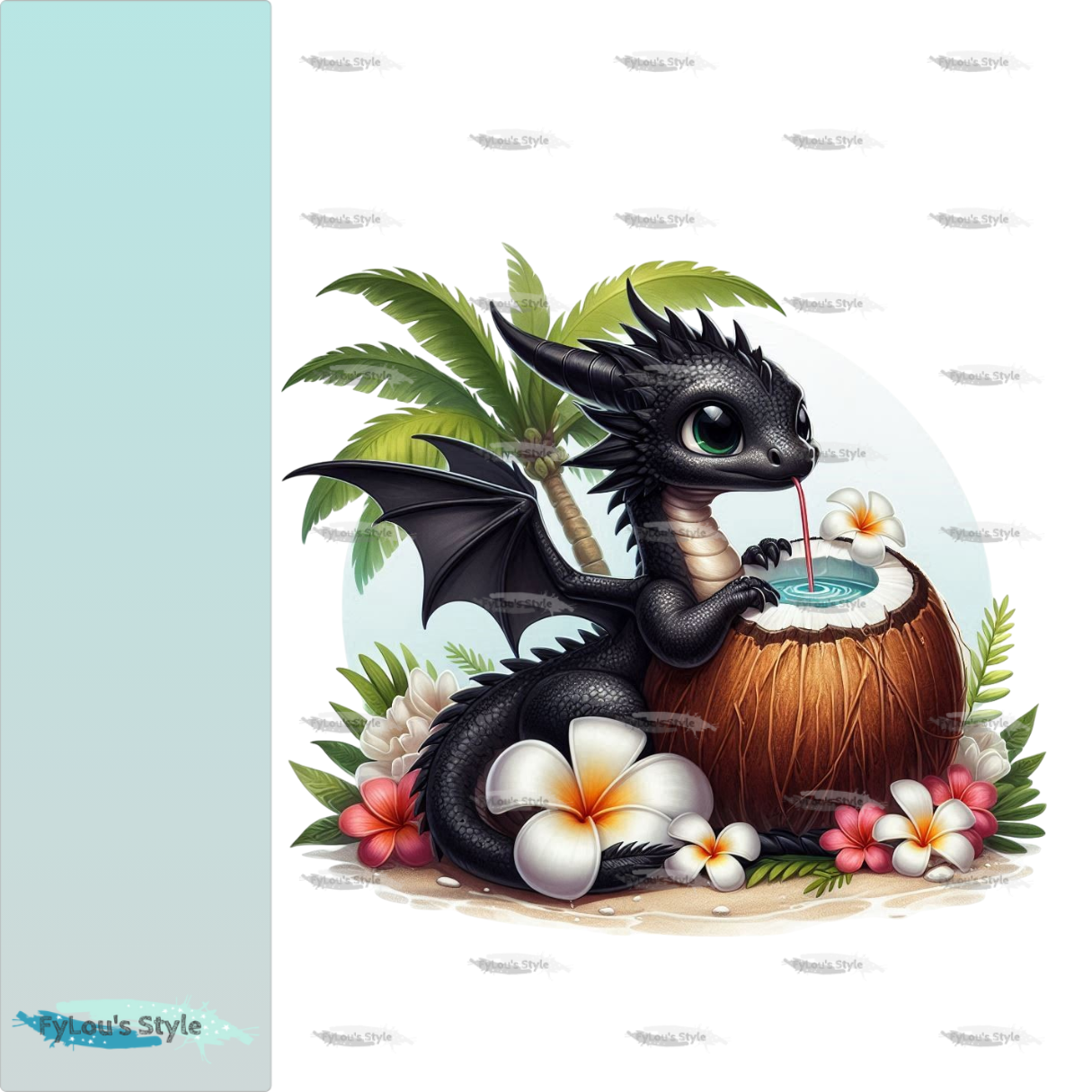 Bügelbild kleiner schwarzer Drache Trinkt aus Kokosnuss #3 Fylou's Style