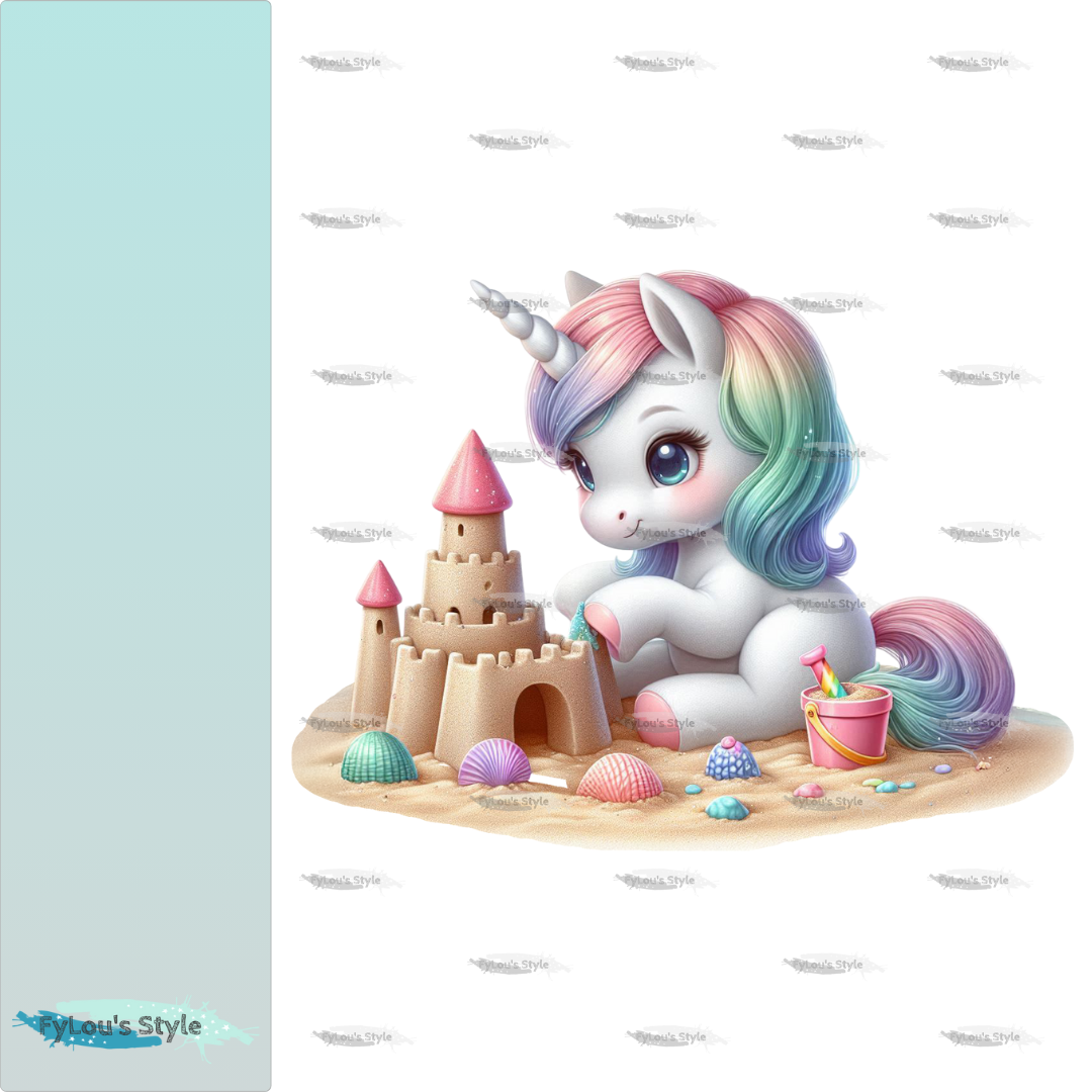 Bügelbild kleines Einhorn baut Sandburg Fylou's Style