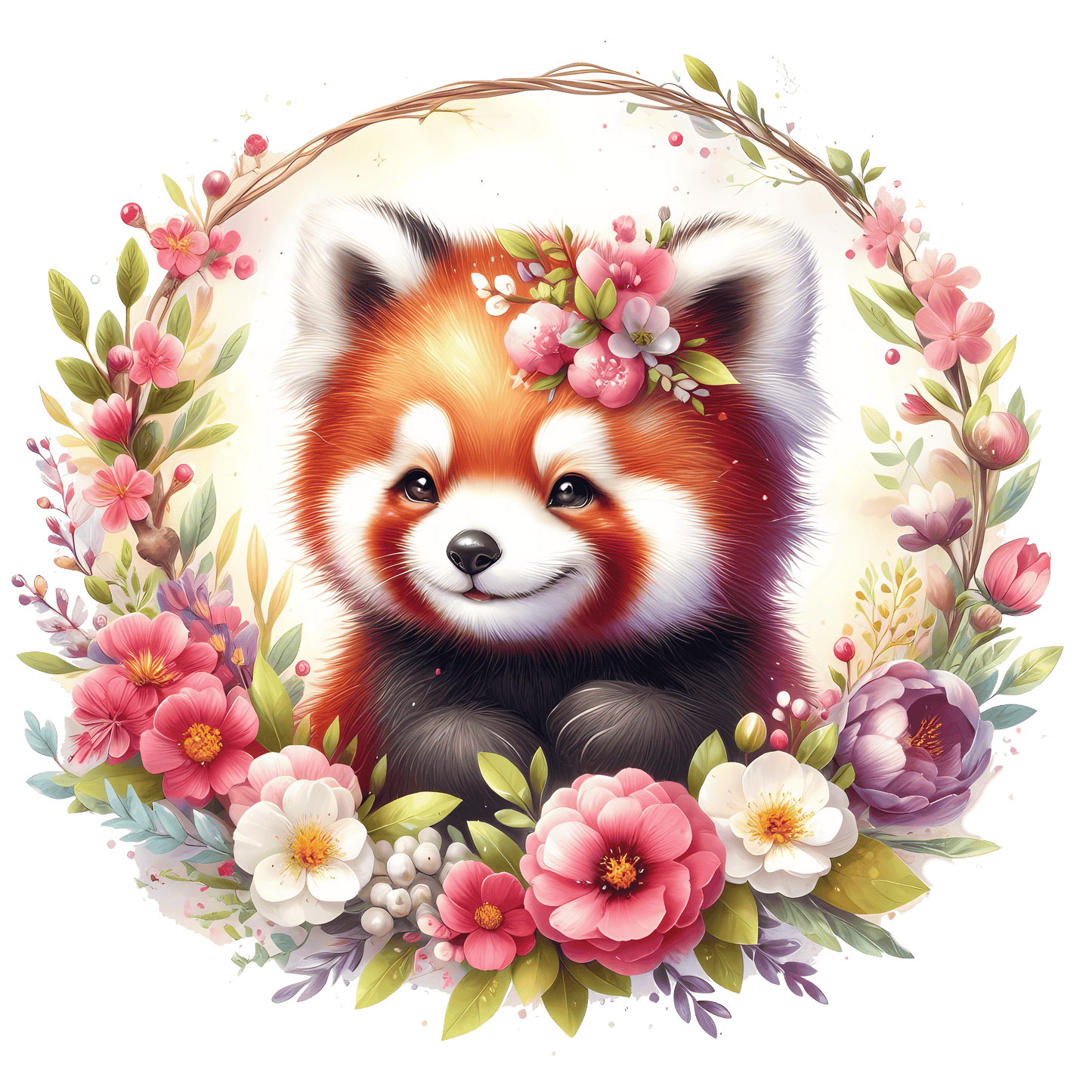 Bügelbild roter Panda Blumenkranz Fylou's Style