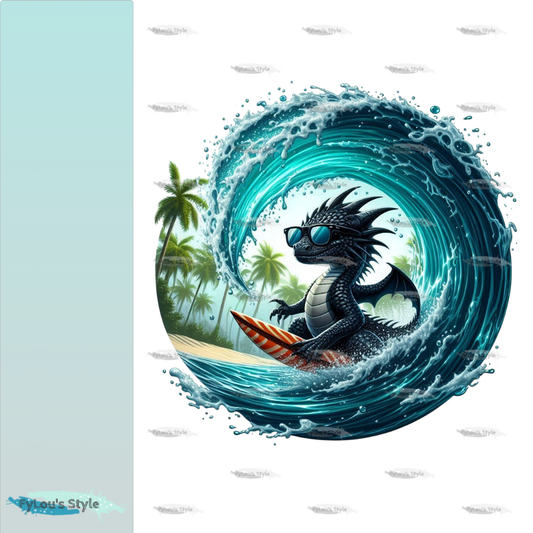 Bügelbild schwarzer Drache auf Surfboard Fylou's Style