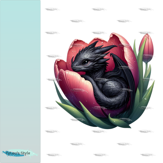 Bügelbild schwarzer Drache in Tulpenblüte Fylou's Style