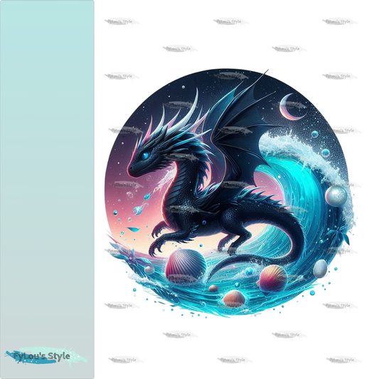 Bügelbild schwarzer Drache in Wasserwelle #1 Fylou's Style