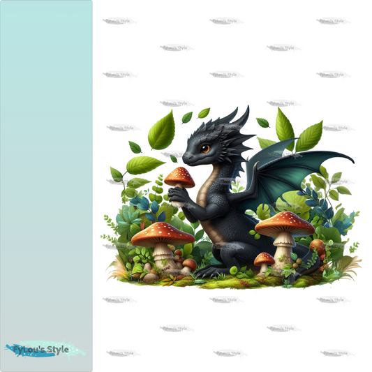 Bügelbild schwarzer Drache mit Pilze #1