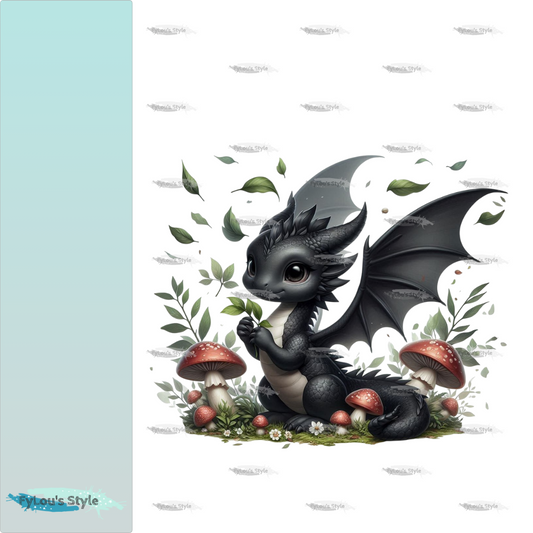Bügelbild schwarzer Drache mit Pilze #3
