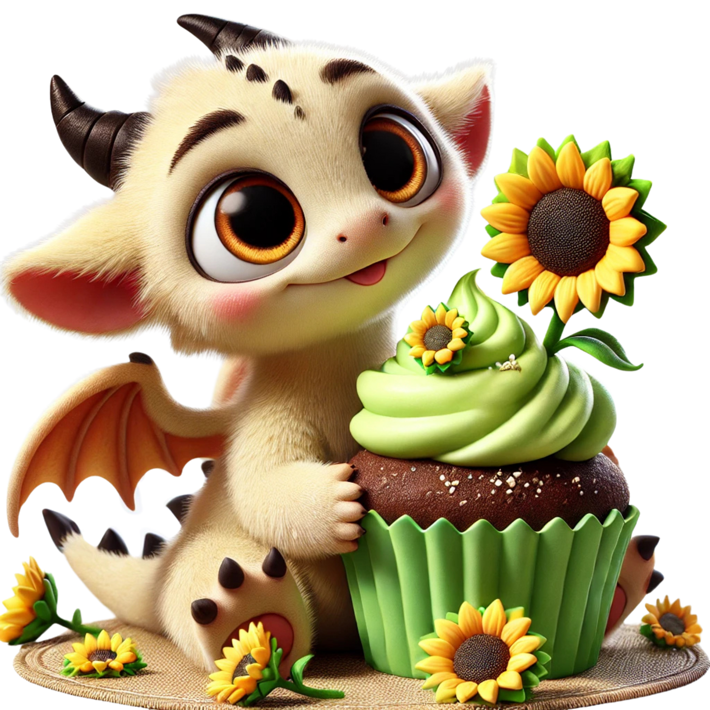 Bügelbild süßer Drache mit Cupcake Sonnenblume Fylou's Style