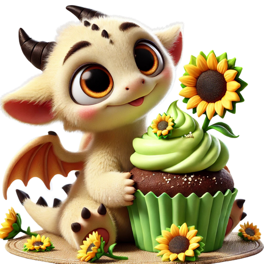 Bügelbild süßer Drache mit Cupcake Sonnenblume Fylou's Style