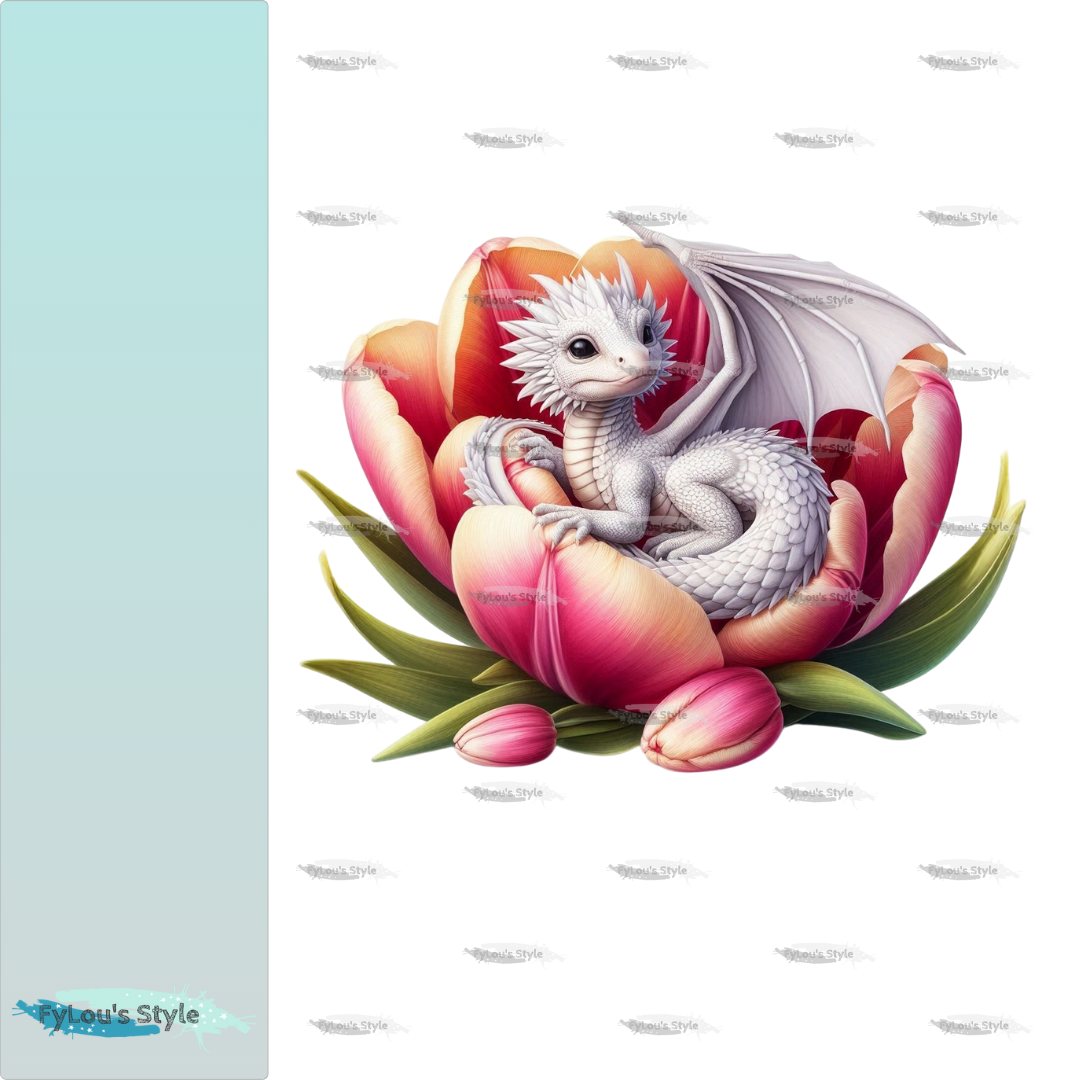Bügelbild weißer Drache in Tulpenblüte Fylou's Style
