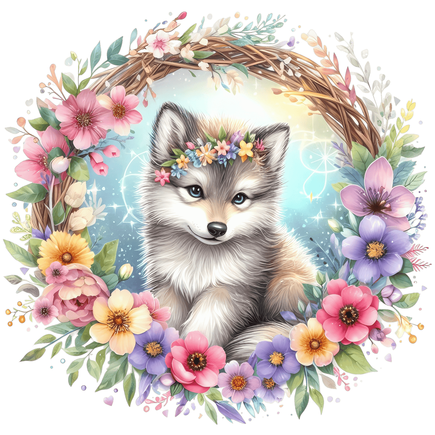 Bügelbild Wolf Blumenkranz Fylou's Style
