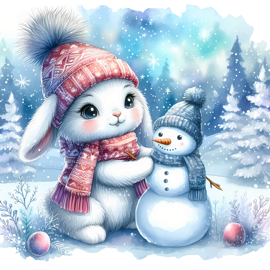 Bügelbild Schneehase baut schneemann - Fylou's Style