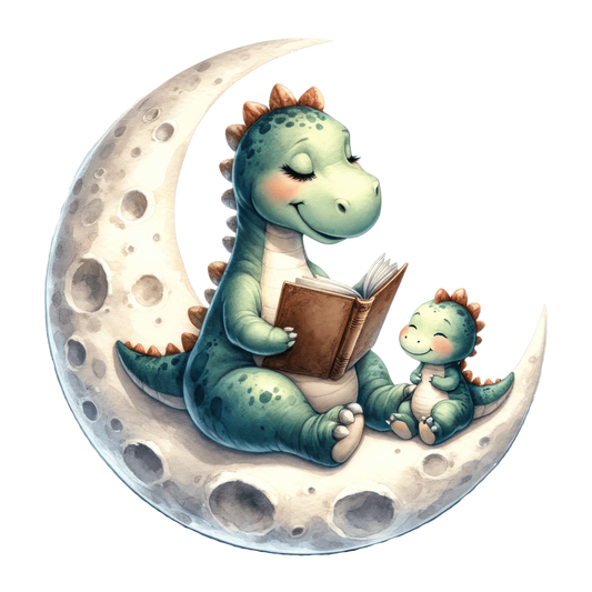 Bügelbild Mama und Baby Dino liest auf dem Mond - Fylou's Style