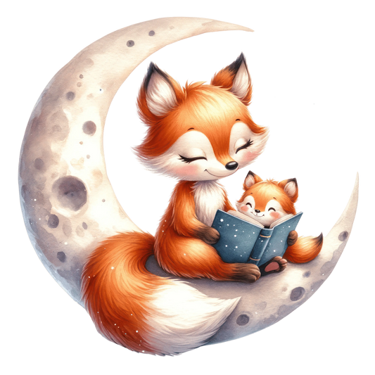 Bügelbild Mama und Baby Fuchs liest auf dem Mond - Fylou's Style