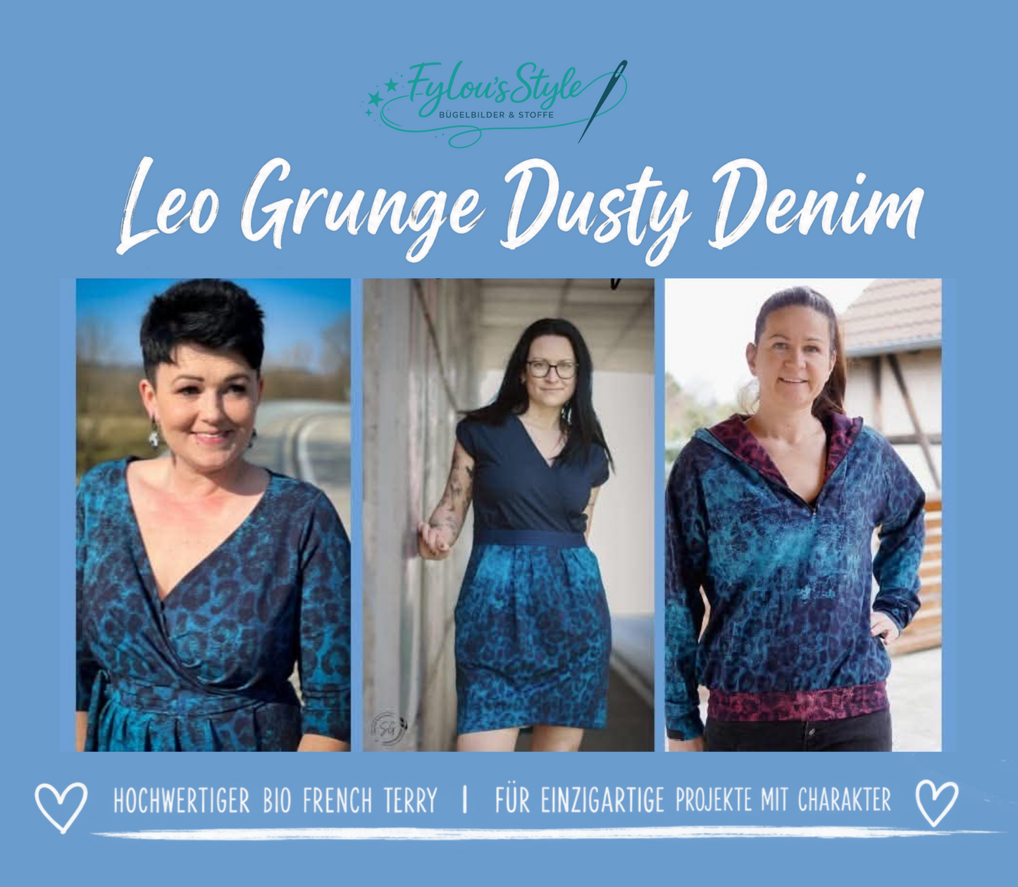 Vorbestellung Bio French Terry Leo Grunge Dusty Denim Überbreite