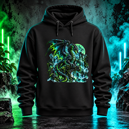 Bügelbild Neondrache über moosigen Ruinen