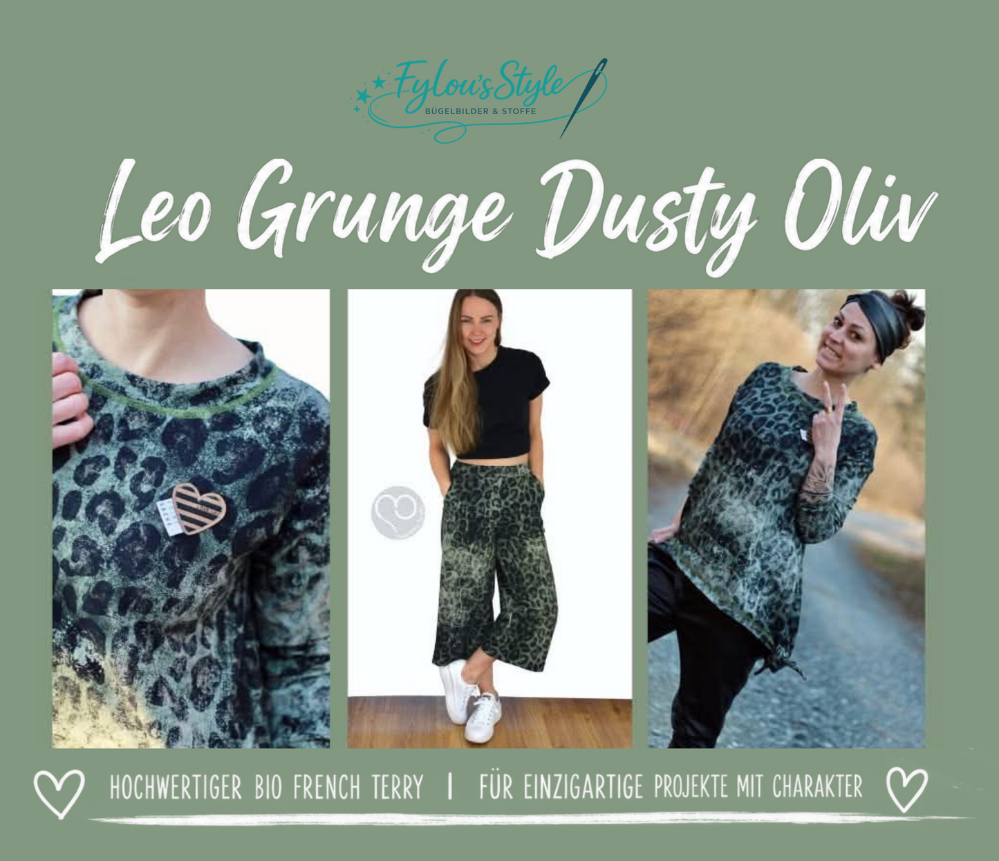 Vorbestellung Bio French Terry Leo Grunge Dusty Oliv Überbreite