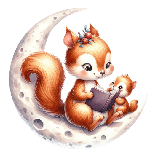 Bügelbild Mama und Baby Eichhörnchen liest auf dem Mond - Fylou's Style