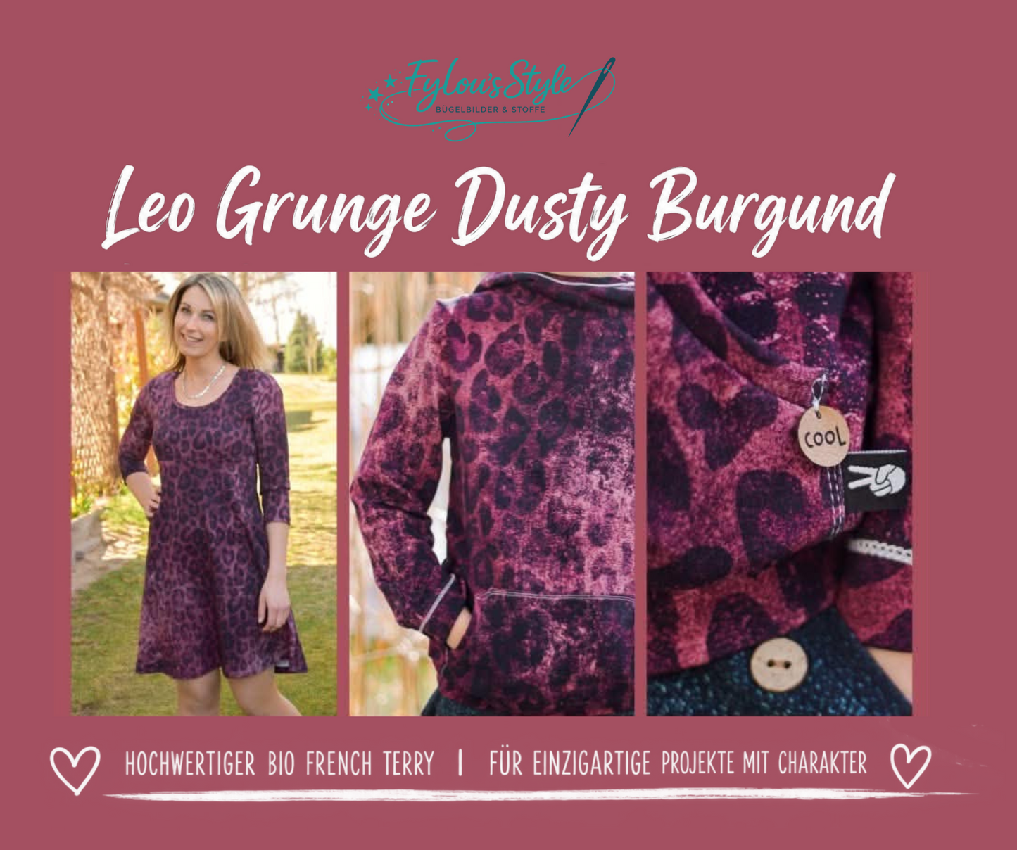 Vorbestellung Bio French Terry Leo Grunge Dusty B Überbreiteurgund