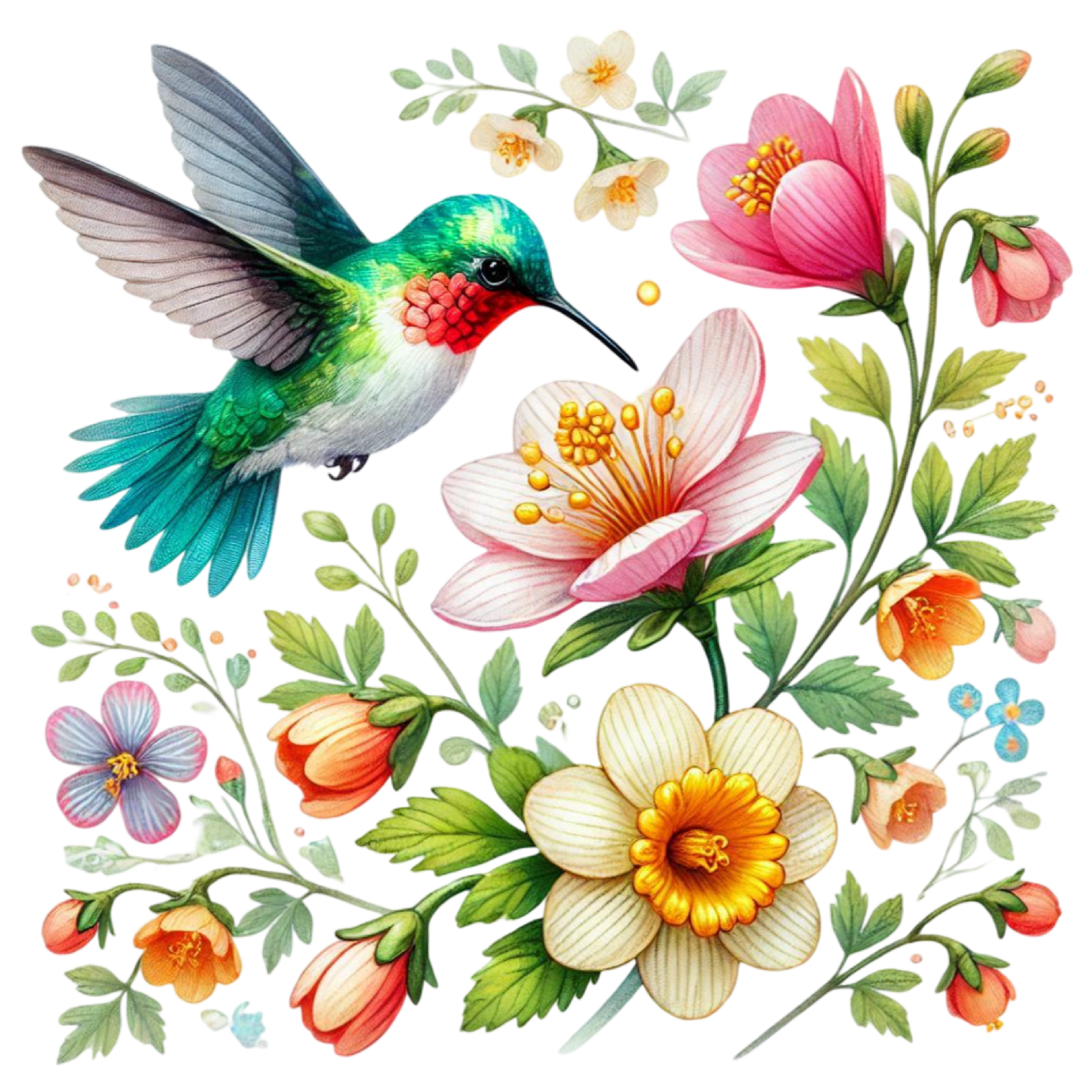 Bügelbild Blumen mit Kolibri #2 Fylou's Style
