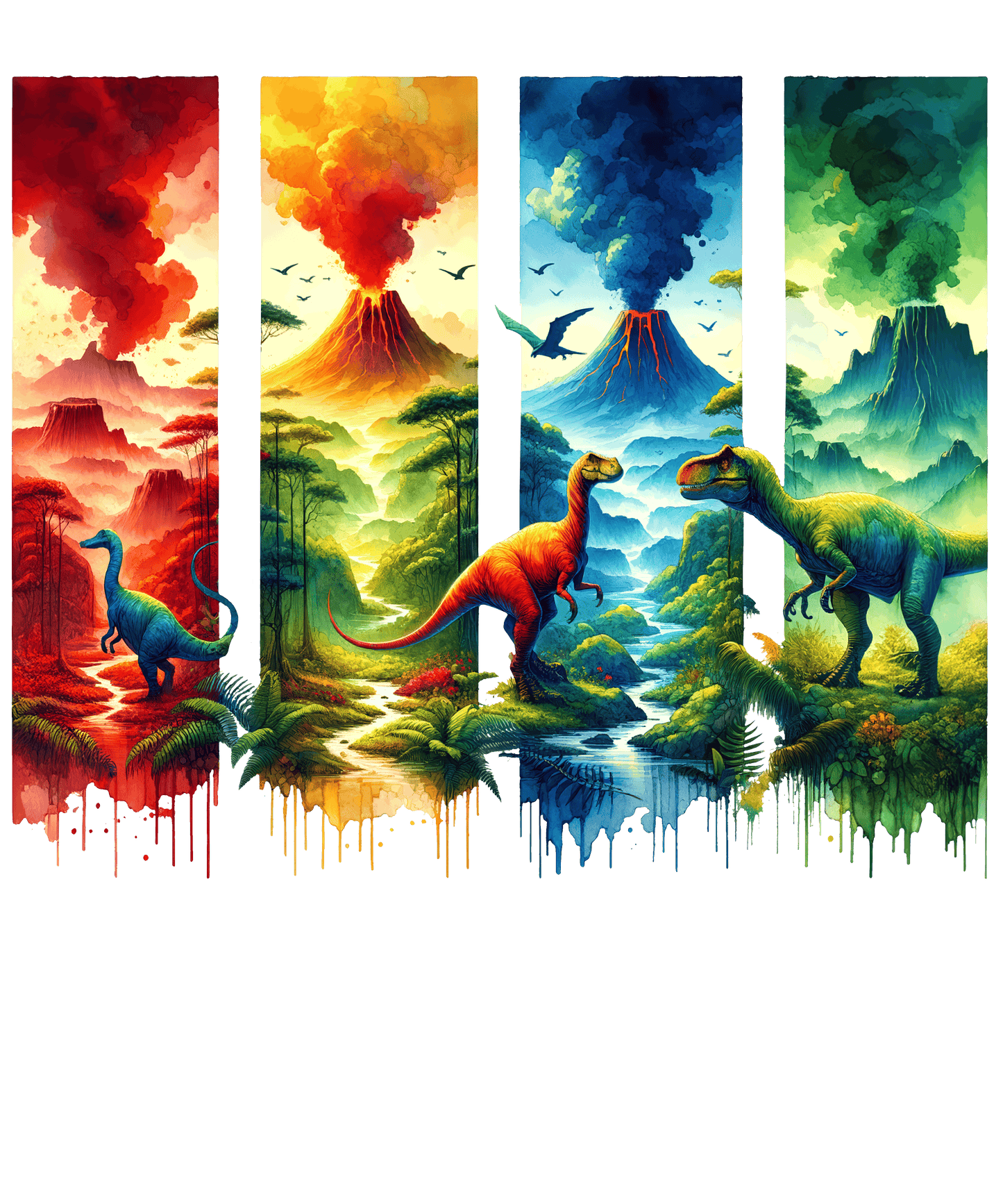 Bügelbild Streifen Motivwelt "Bunte Dinosaurier Vulkan"