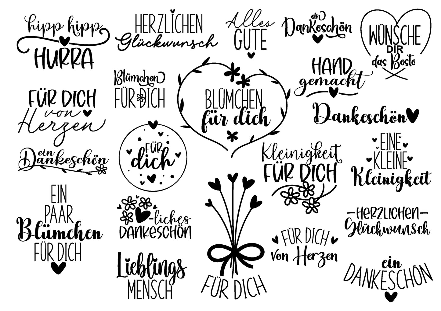 A4 Bogen Rub ON Sticker "Danke" Sprüche, randlose Rub ons