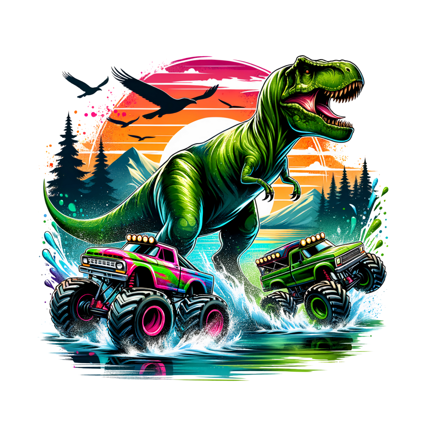 Bügelbild Dino mit Big Monstertruck