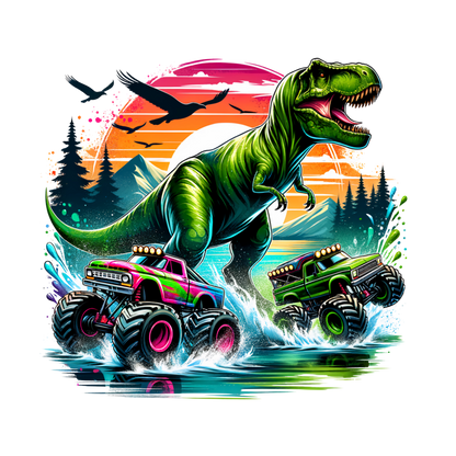 Bügelbild Dino mit Big Monstertruck