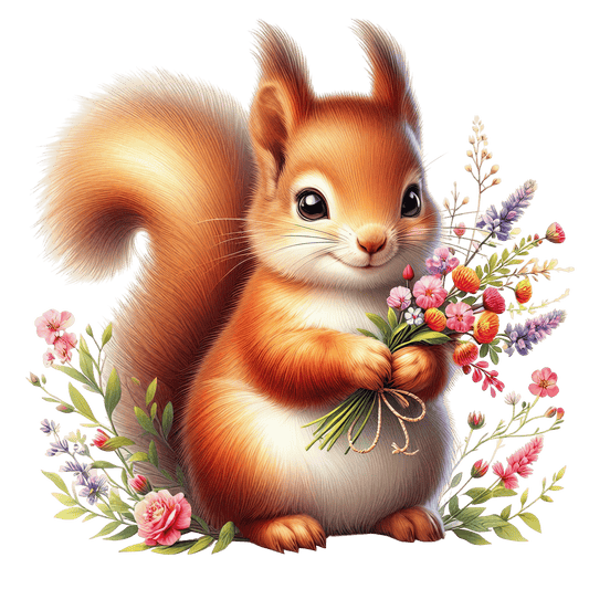 Bügelbild Eichhörnchen mit Blumen