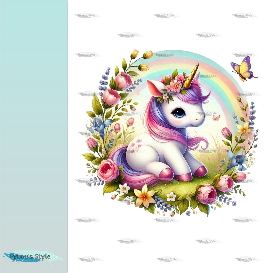 Bügelbild Einhorn mit Regenbogen Blumen Fylou's Style