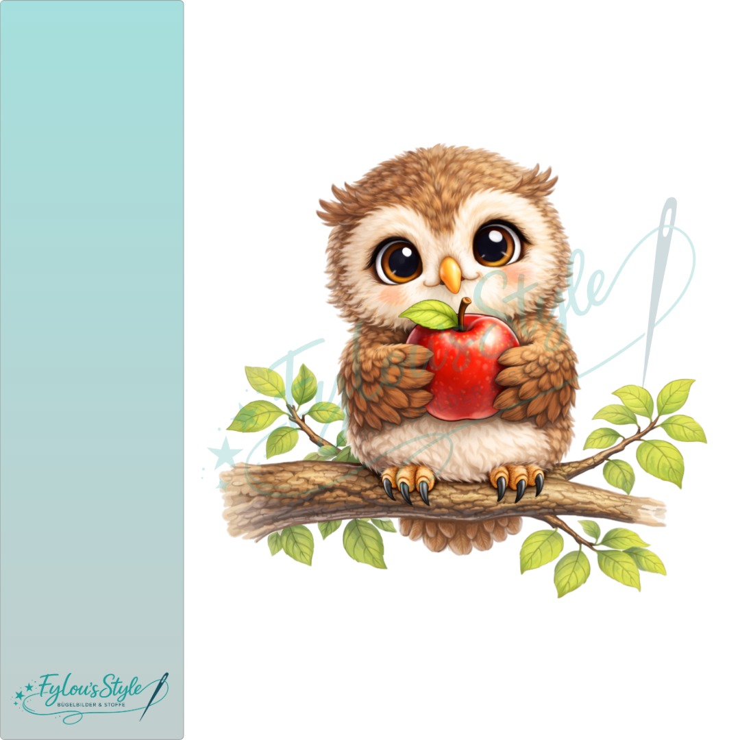 Bügelbild Eule mit Apfel