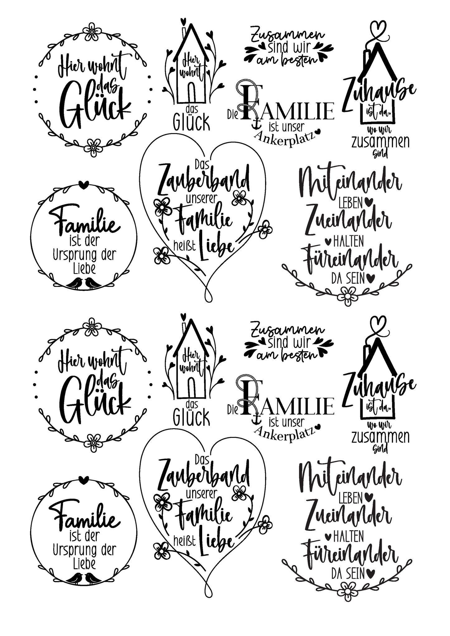 A4 Bogen Familie #2 Rub ON Sticker Sprüche, randlose Rub ons