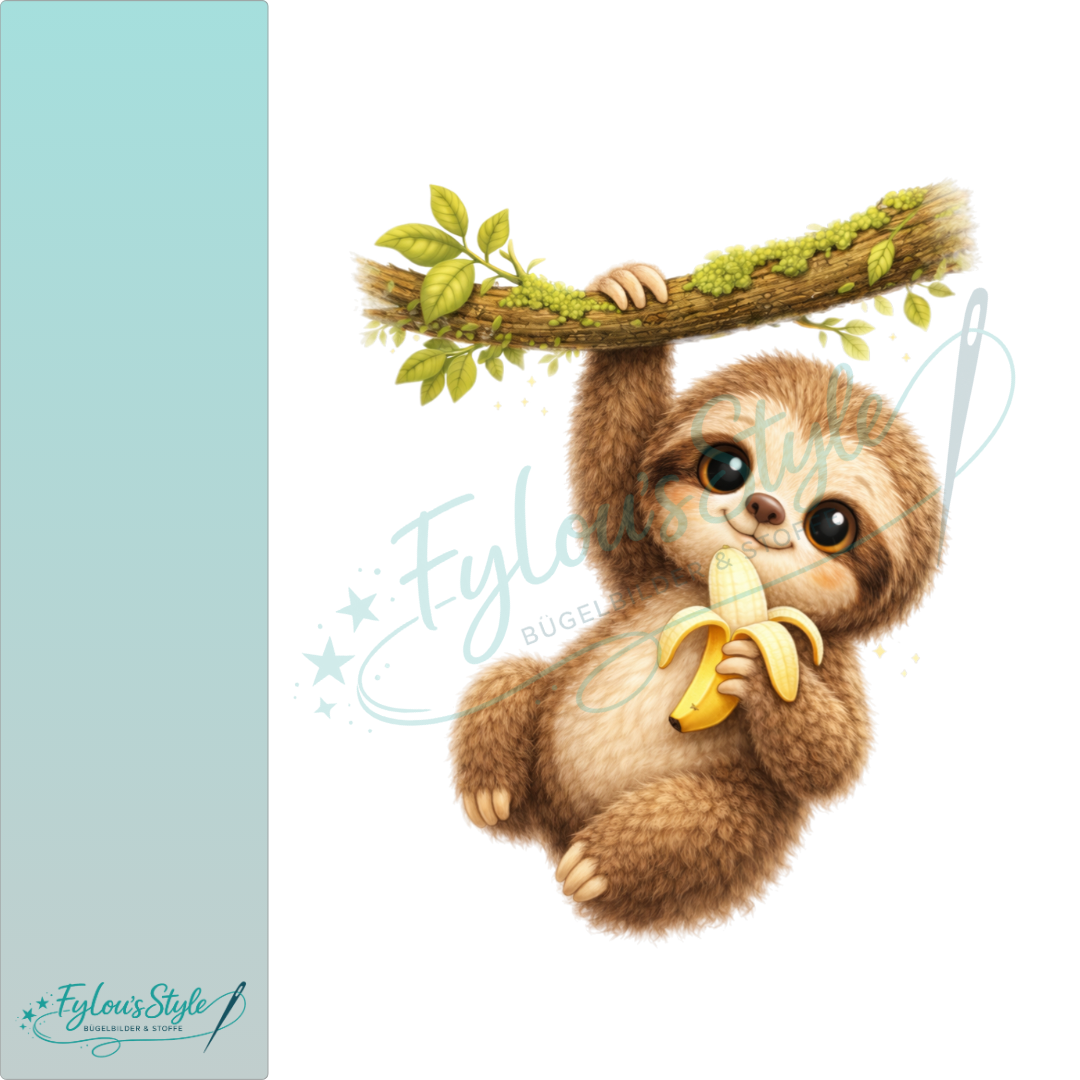 Bügelbild Faultier mit Banane