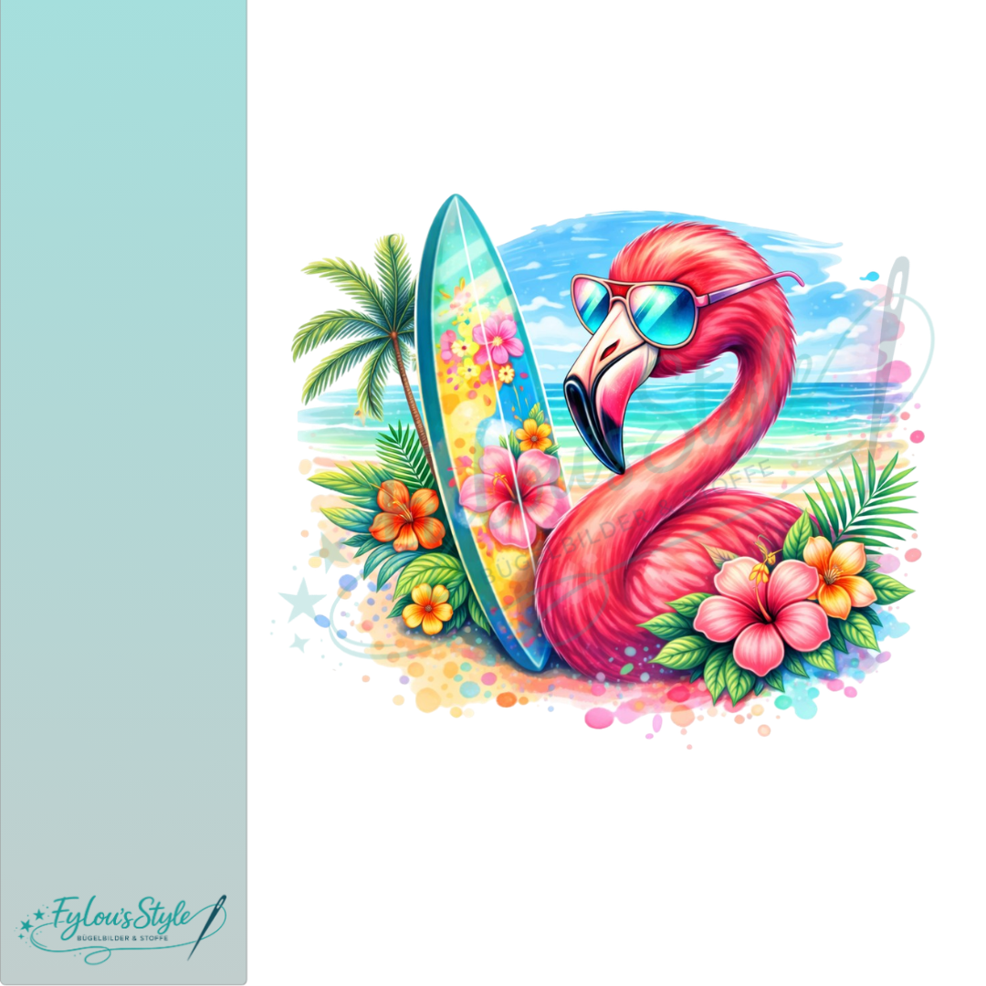 Bügelbild  Flamingo am Strand mit Surfbrett