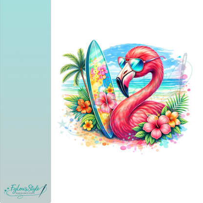 Bügelbild  Flamingo am Strand mit Surfbrett