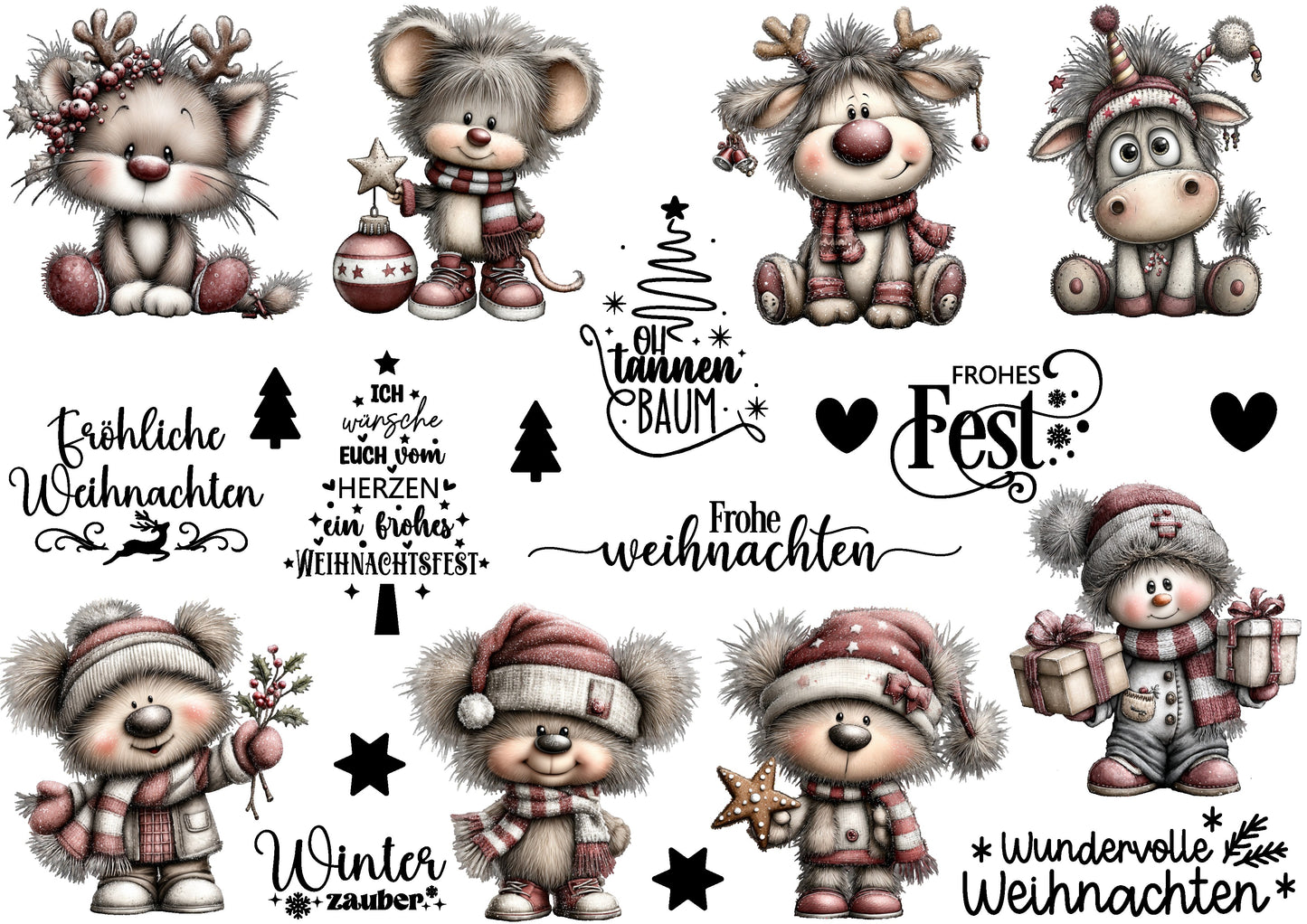 A4 Bogen Rub ON Sticker  Fröhliche Weihnachtstiere