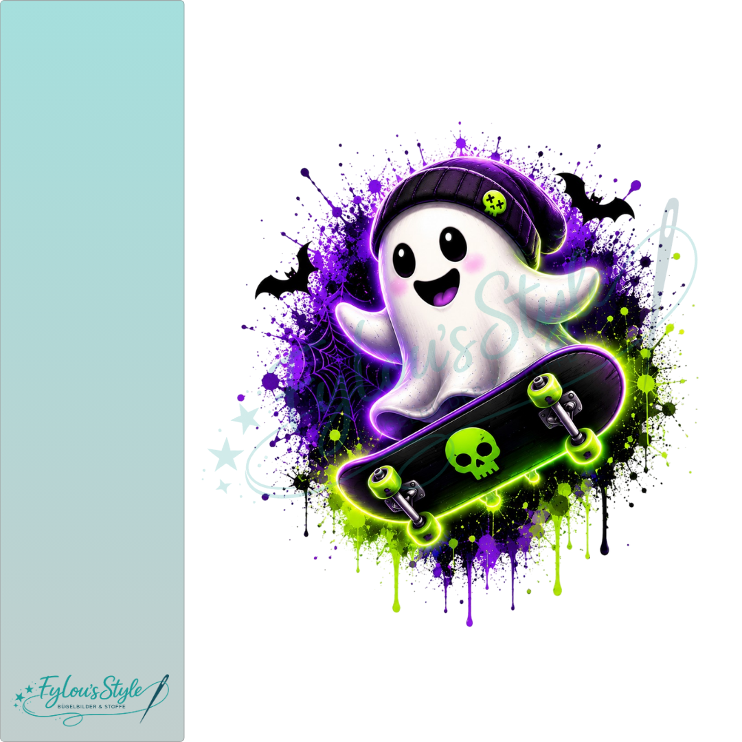 Bügelbild Fröhlicher Geist mit SKateboard Lila Grün Neon