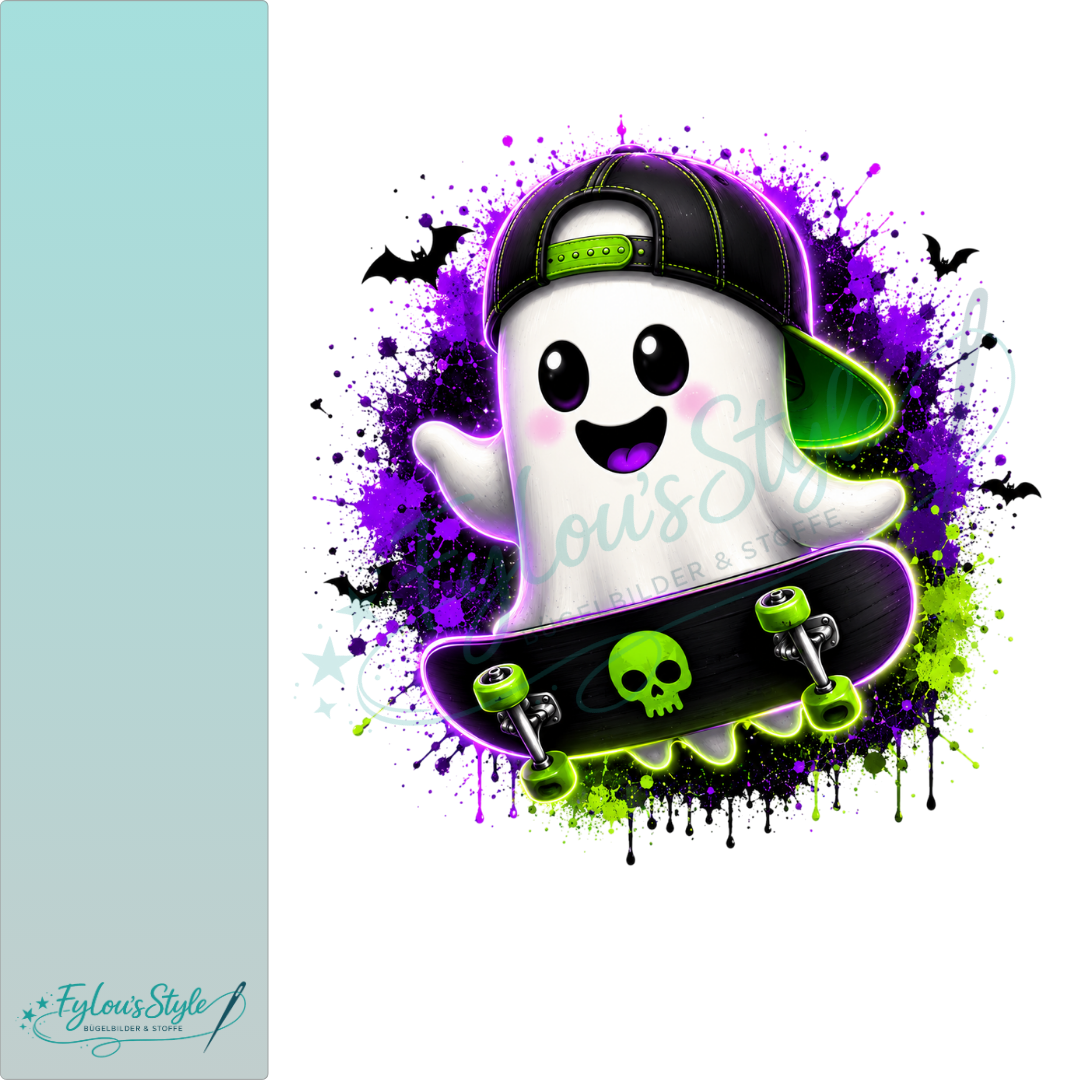 Bügelbild Fröhlicher Geist mit Skateboard Cap Lila Grün Neon