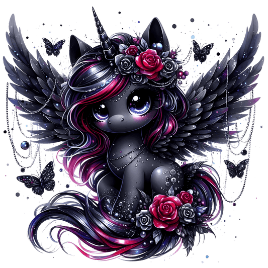 Bügelbild Gothik Einhorn mit Rosen #1