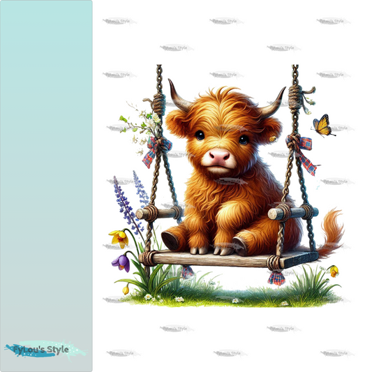 Bügelbild Highland Kuh auf Schaukel #1 Fylou's Style