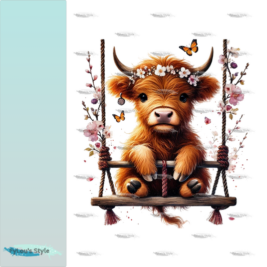 Bügelbild Highland Kuh auf Schaukel #2 Fylou's Style