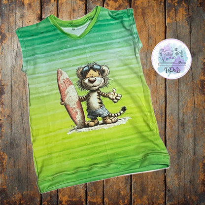 Bügelbild Tiger mit Surfboard