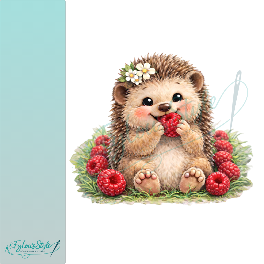 Bügelbild Igel mit Himbeeren