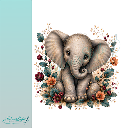 Bügelbild Kleiner Elefant mit floralen Blumen