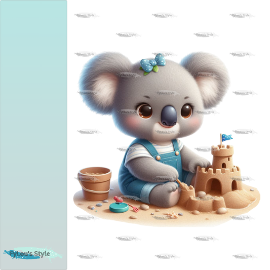Bügelbild Koala Mädchen baut Sandburg #1 Fylou's Style