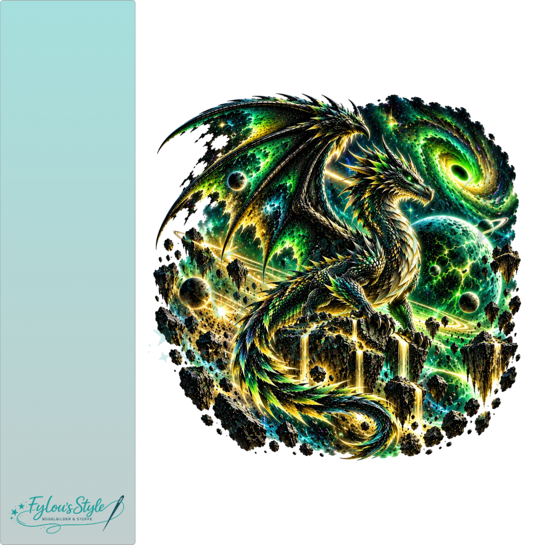 Bügelbild Kosmischer Drache über leuchtenden Welten