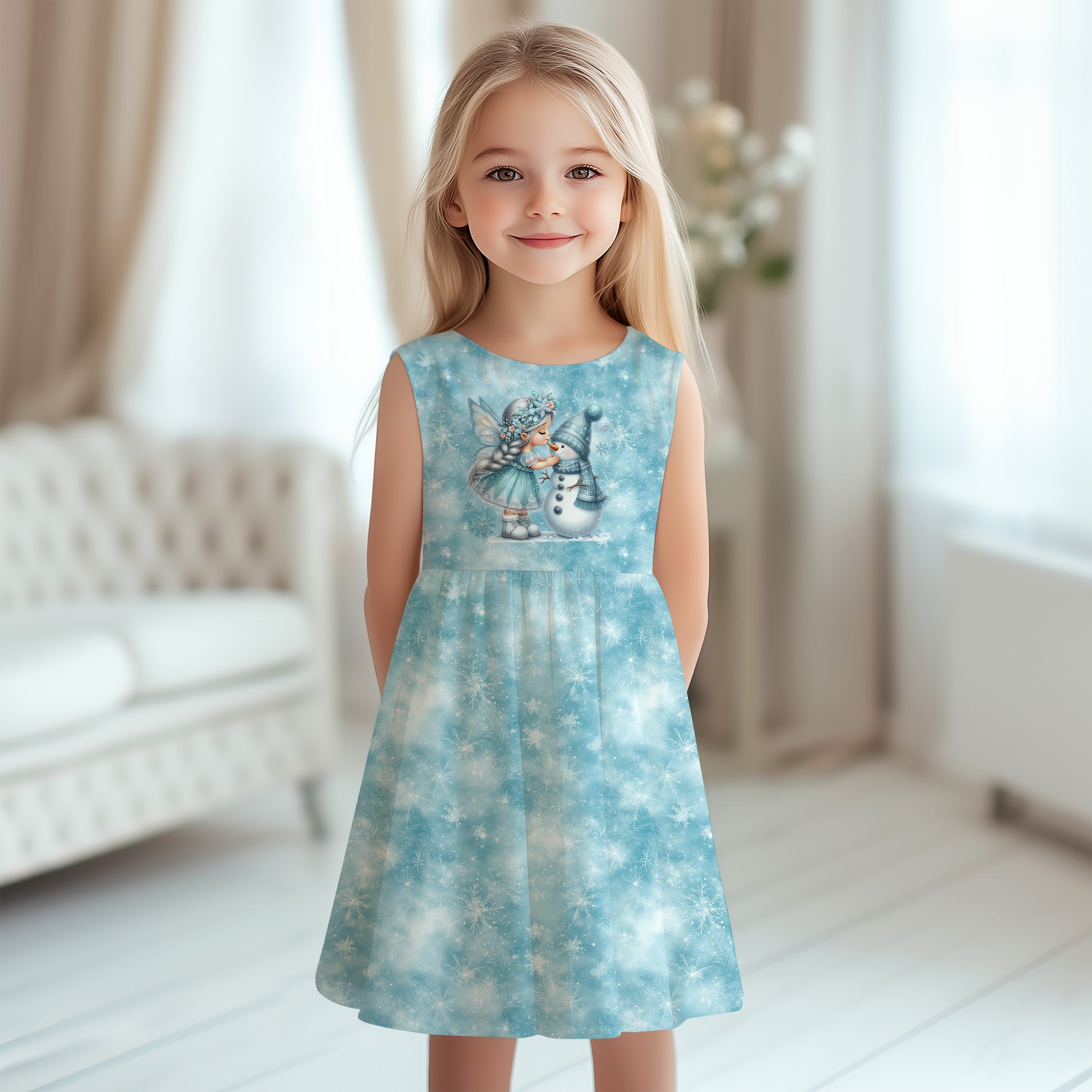 Mädchen trägt Kleid aus Eisflocken Eisblau Stoff