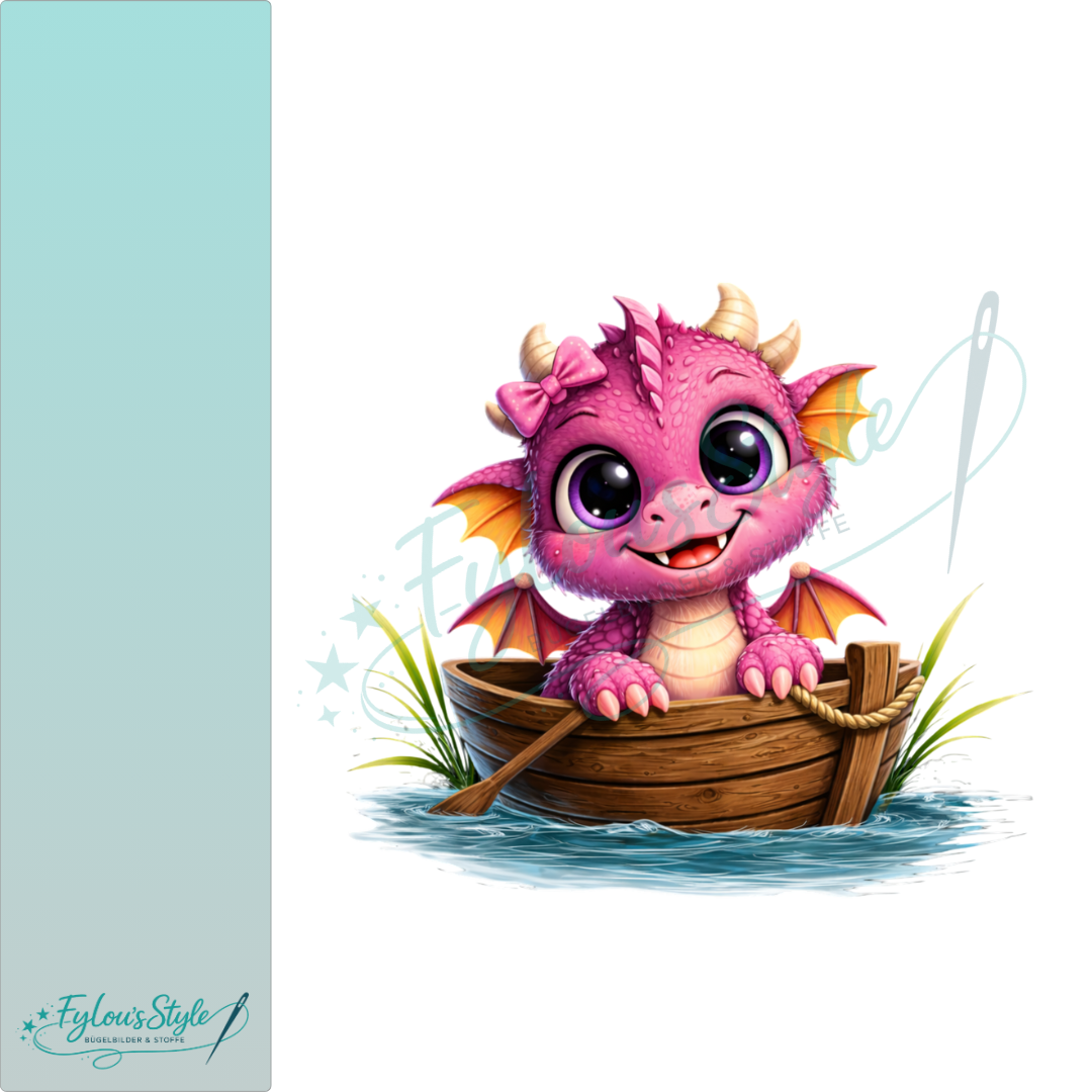 Bügelbild Rosa Drache im Boot