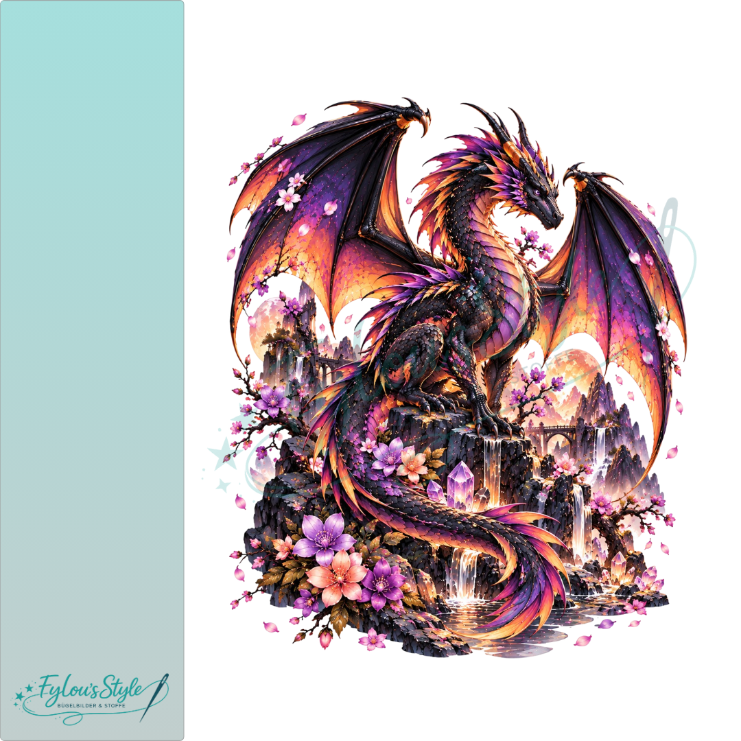 Bügelbild Majestätischer Drache im Blütenzauber